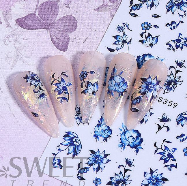 Blue Floral Nail Stickers 2 Sheets Self-Adhesive 3D Floral Decals for Nails