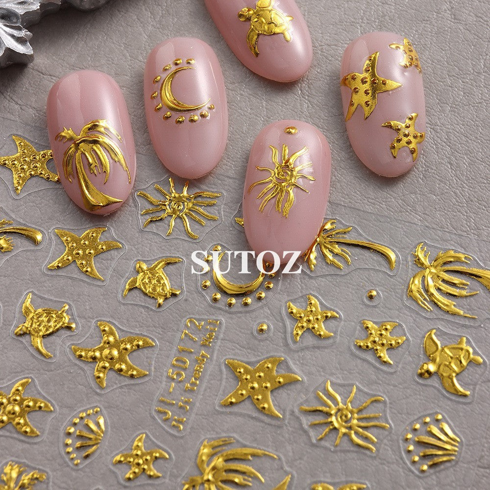 Gold Ocean Starfish Turtle Sun Palm Tree 5D Nail Stickers Embossed Decal
