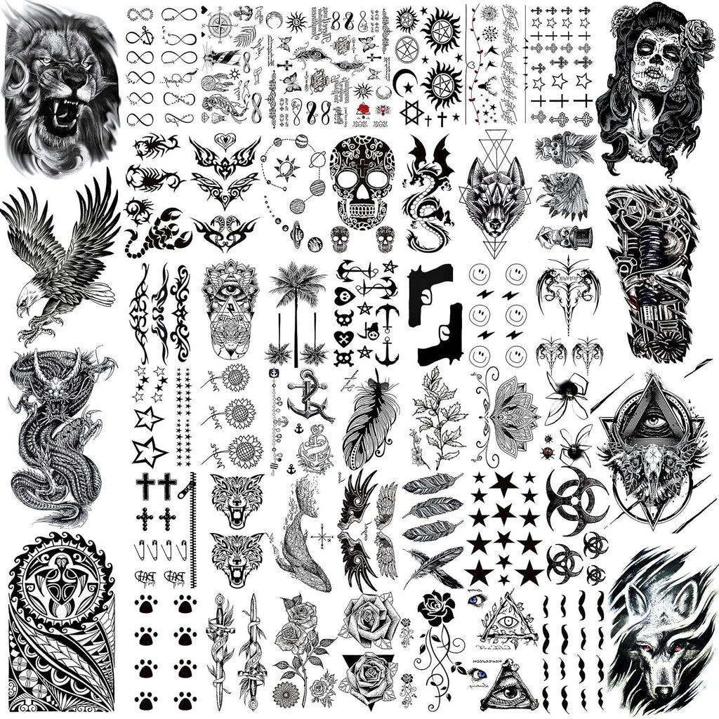 Temporary Tattoos 50 Sheets for Men Women - Realistic Dragon Lion Wolf Designs