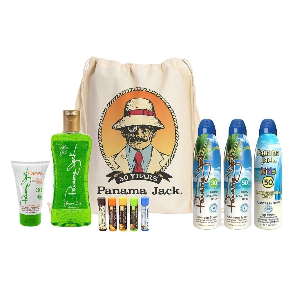 Panama Jack Family Sunscreen Pack with SPF 30 & 50, Aloe Gel, Lip Balms & Backpack