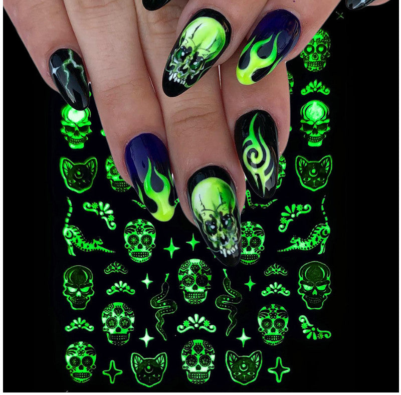 Glow-in-The-Dark Halloween Nail Stickers - Skull Ghost Pumpkin Spider Web Bat 6 Pack
