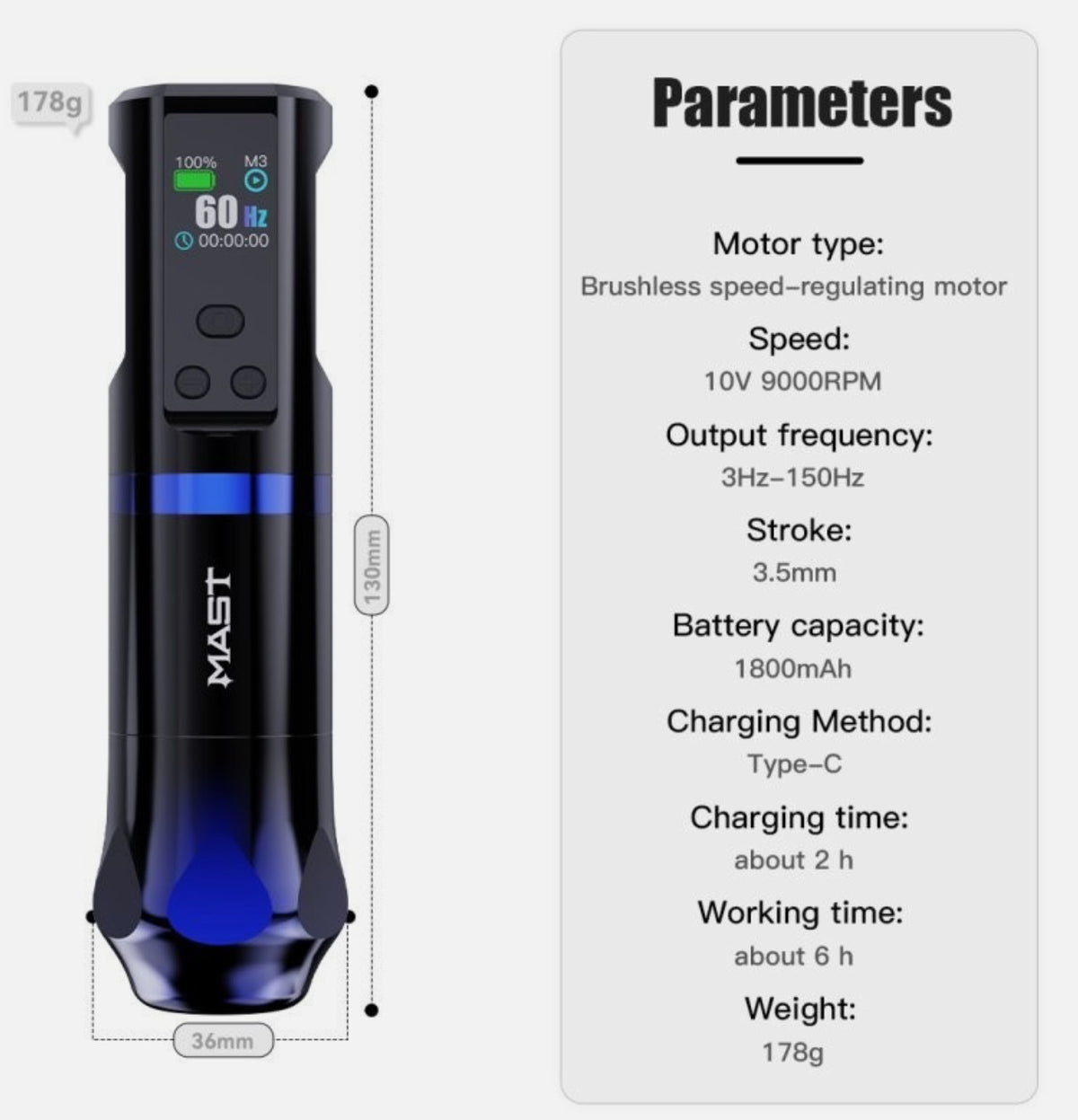 Wireless Tattoo Machine Mast Hertz Adjustable Frequency