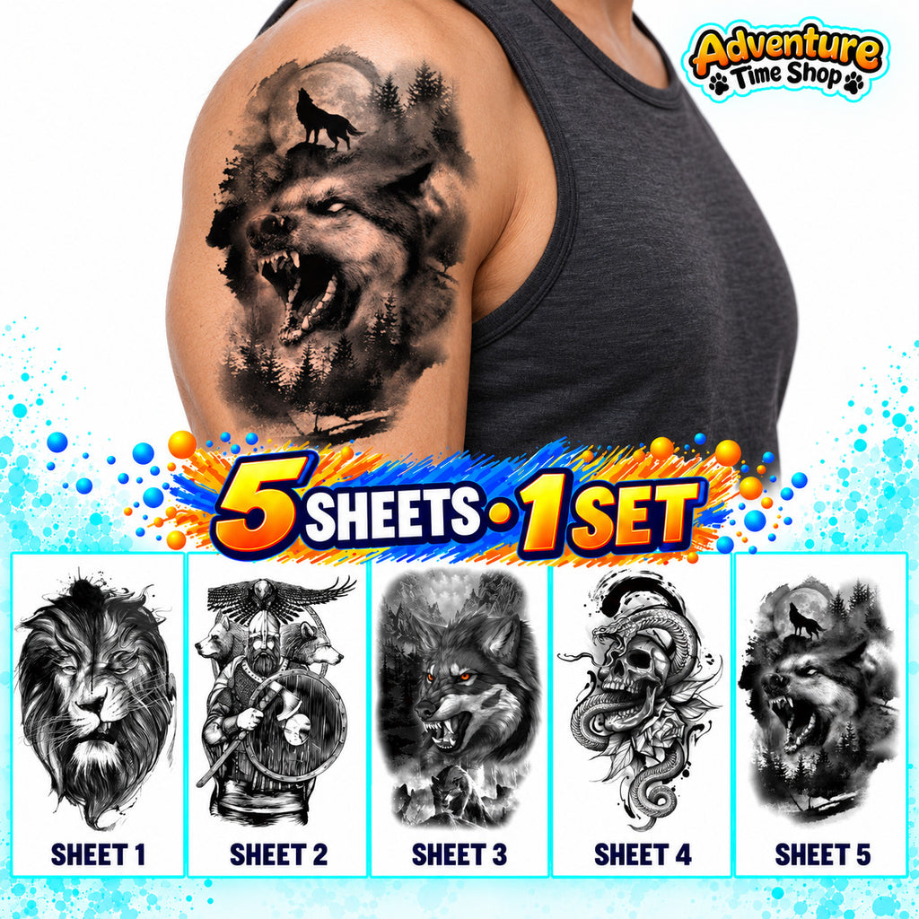 Temporary Tattoos Set - 5 Sheets Gothic Skull Wolf Lion Snake Art for Arm & Body