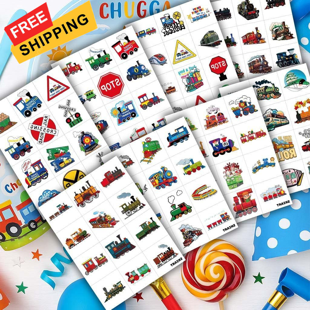 Train Temporary Tattoos for Kids - 96 Pack Multicolor Sheets, 8 Sheets