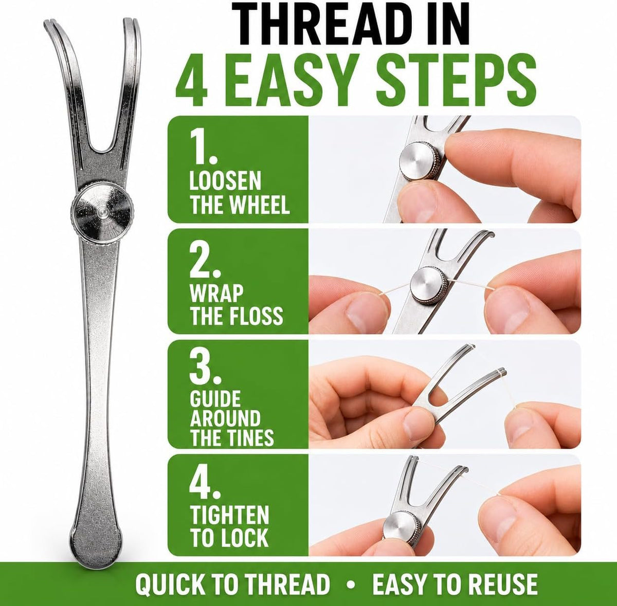 Reusable Stainless Steel Dental Floss Pick Handle with Refillable Design