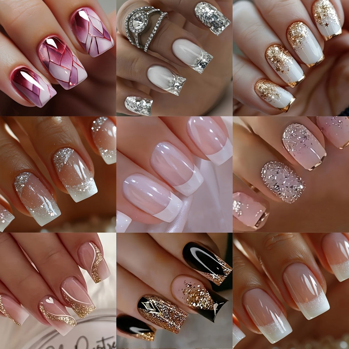 Assorted Press-On Nails Set 216 Pieces Glitter Gradient Geometric Art