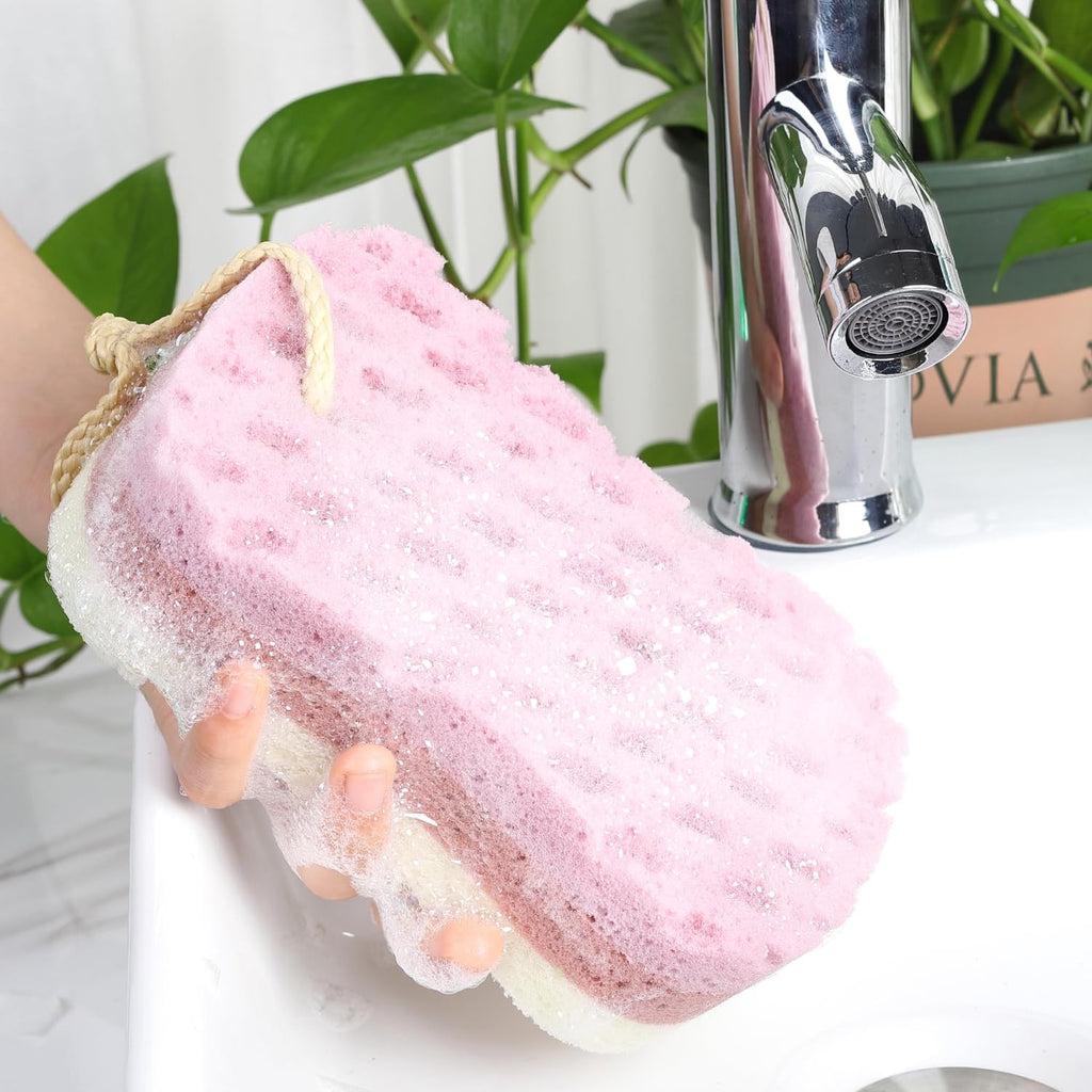 Exfoliating Bath Sponge Loofah Set - 3 Large Poufs with Hanging Rope