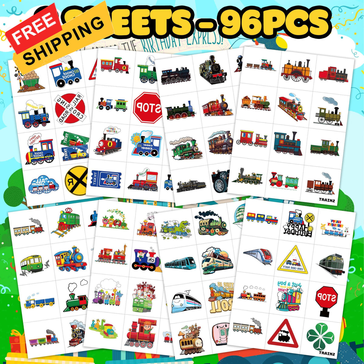 Train Temporary Tattoos for Kids - 96 Pack Multicolor Sheets, 8 Sheets