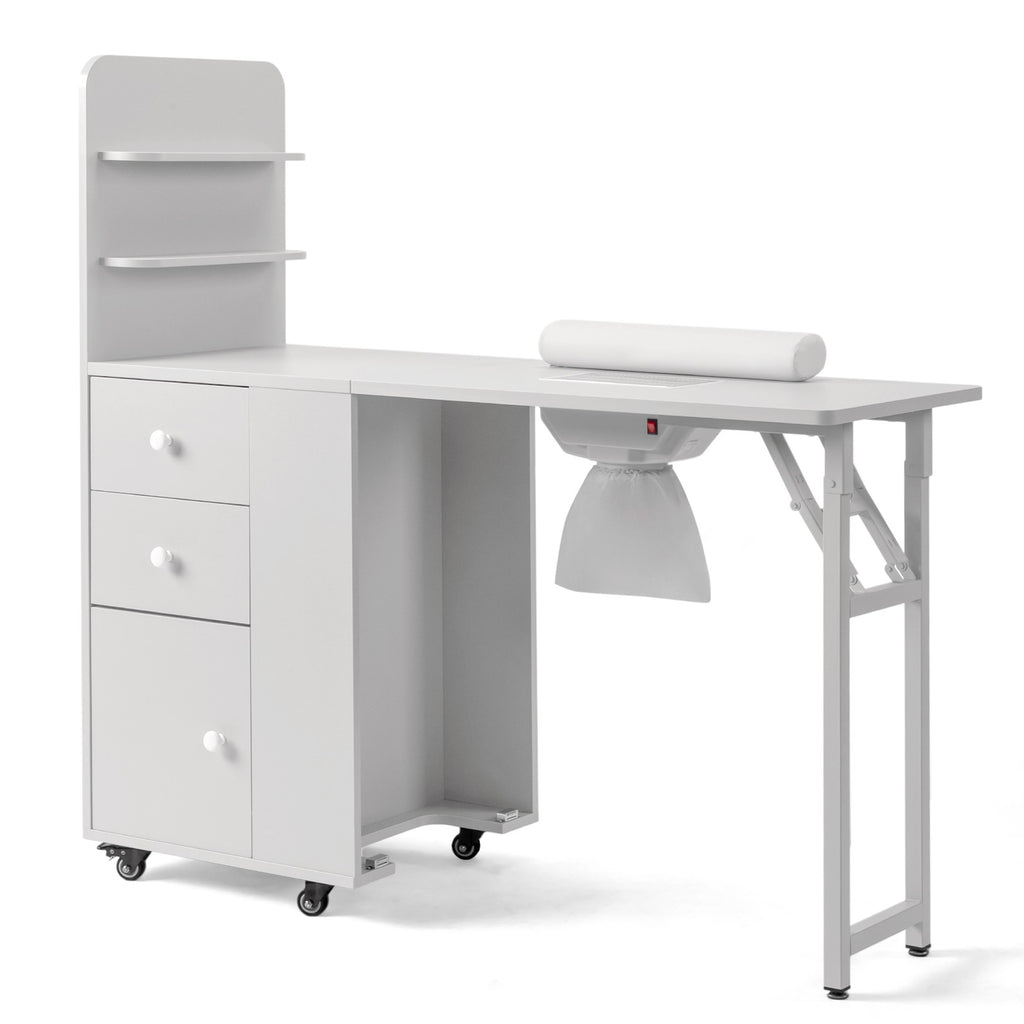 Foldable Nail Tech Table with Dust Collector, Storage Shelves & Lockable Casters