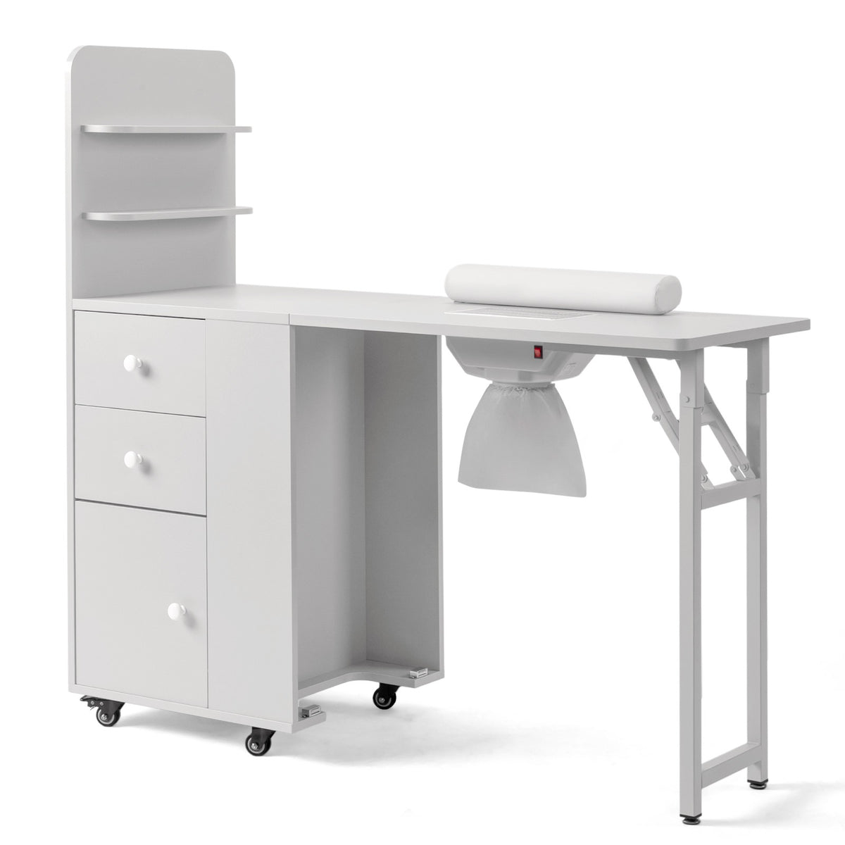 Foldable Nail Tech Table with Dust Collector, Storage Shelves & Lockable Casters