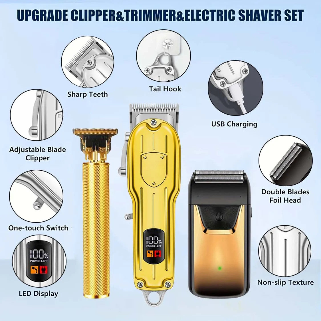 Professional 3-in-1 Hair Clipper Kit for Men with Adjustable Length and Rechargeable Motor