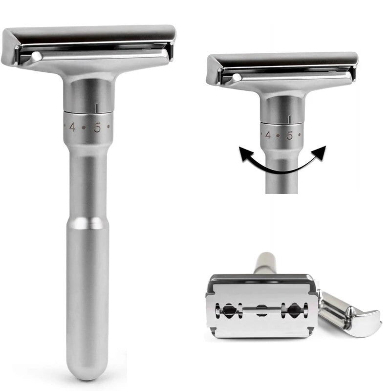Adjustable Double Edge Safety Razor with Stand & 5 Blades - Classic Style