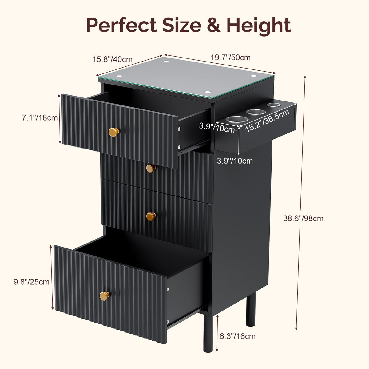 Salon Cabinet with 4 Drawers and Removable Glass Surface for Salon Organization