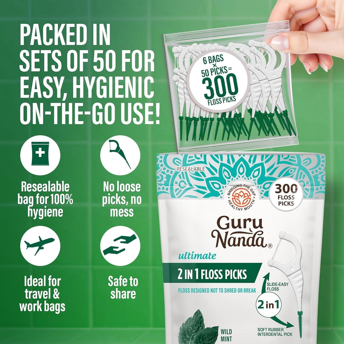 Dental Floss Picks 300 Count with Non-Slip Handle Mint Flavor Shred-Resistant