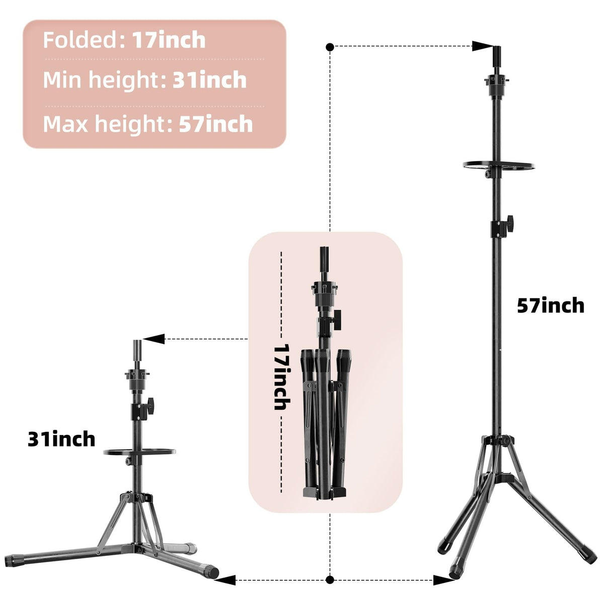 Adjustable Wig Head Stand Tripod with Tool Tray - Mannequin & Salon Use