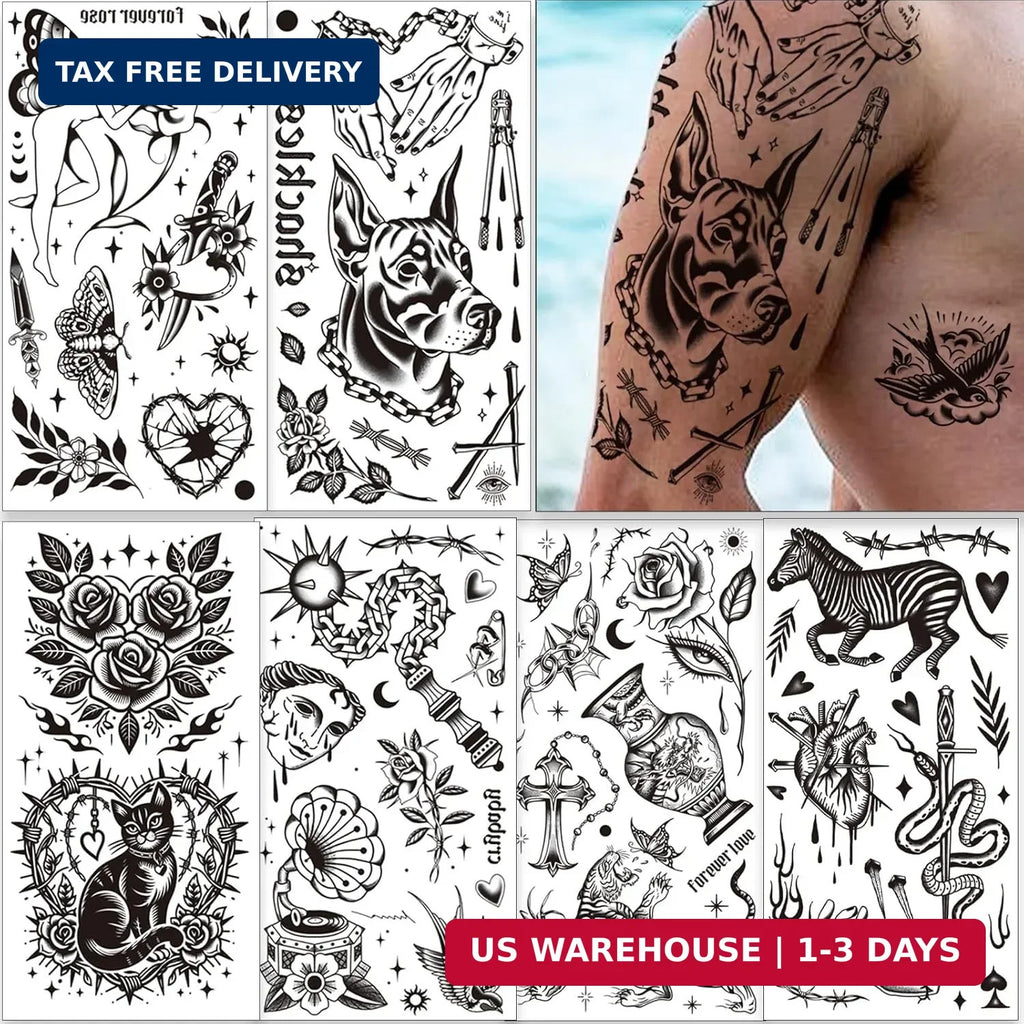 Large Black Traditional Temporary Tattoos for Adults – 12 Sheets