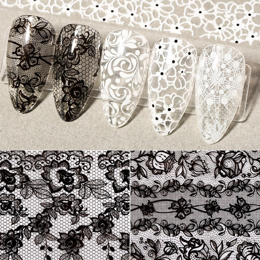 White and Black Lace Nail Foil Sheets for Nail Art - 20 Rolls