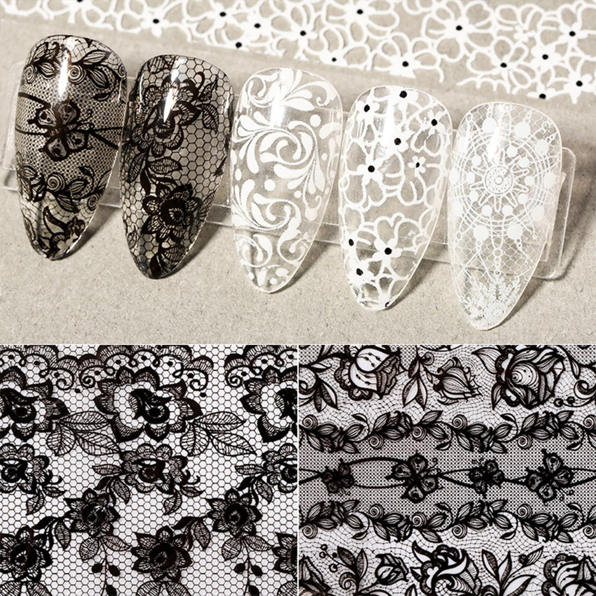 White and Black Lace Nail Foil Sheets for Nail Art - 20 Rolls