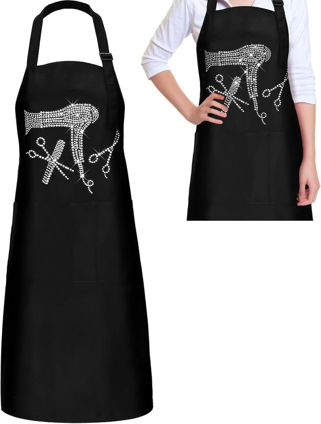 Hair Stylist Apron with Rhinestone Design, 3 Pockets & Adjustable Fit
