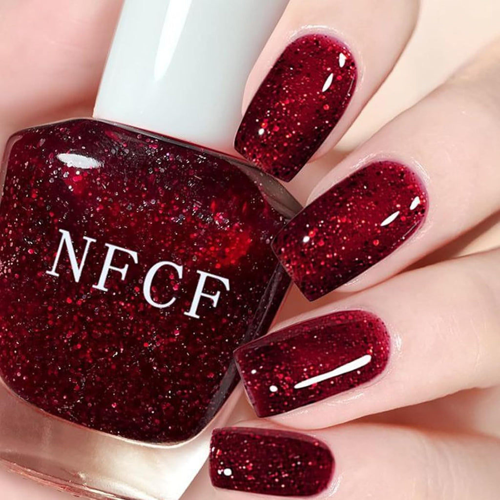 Red Glitter Nail Polish - Quick Dry Shimmering Long-Lasting 10ml