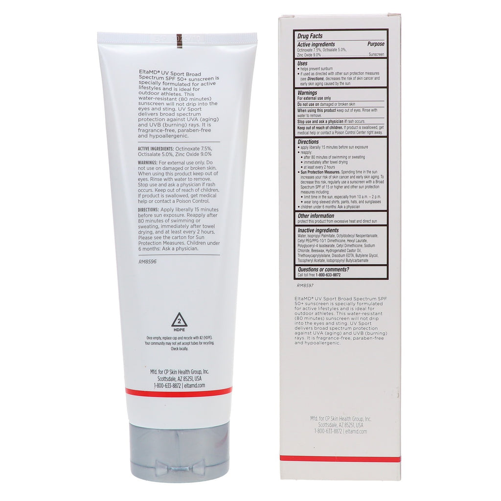 EltaMD UV Sport Broad Spectrum SPF 50+ Body Sunscreen 8 oz - Water-Resistant, Organic Formula