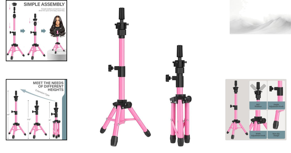 Pink Wig Stand Tripod 25-Inch for Hairdressing & Displays, Adjustable & Durable