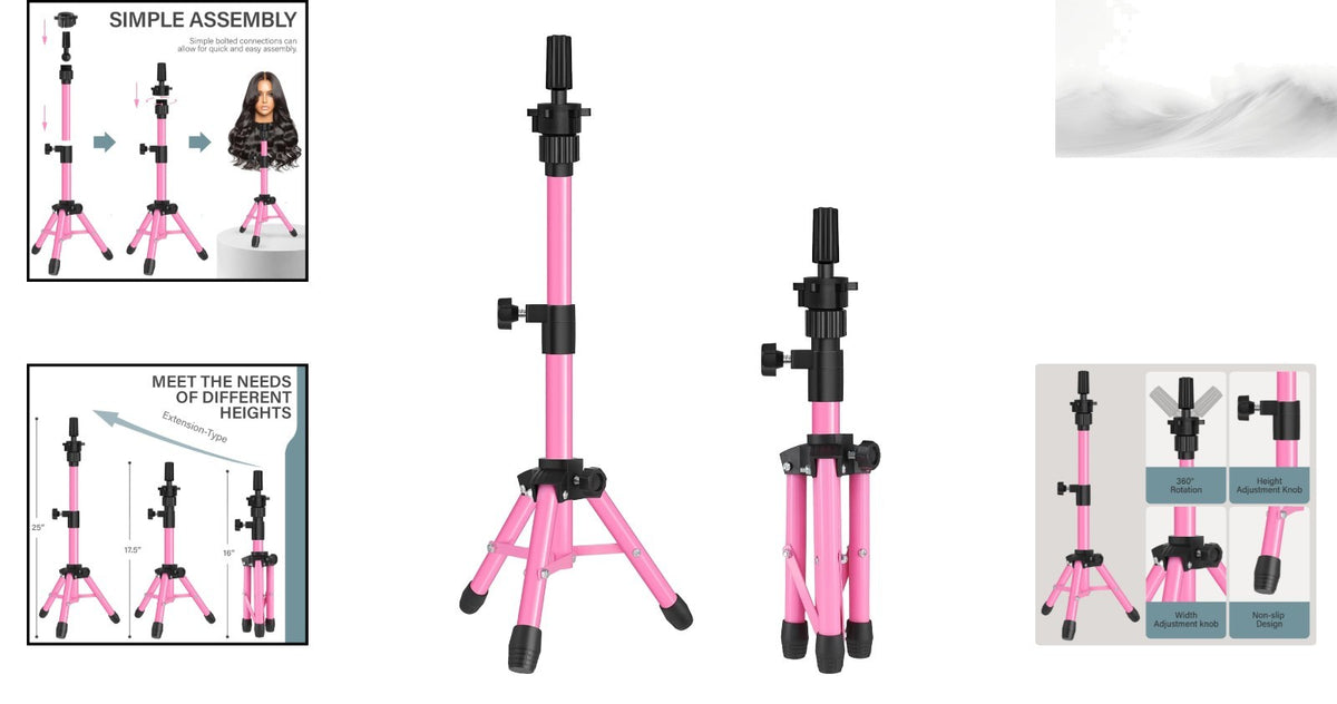 Pink Wig Stand Tripod 25-Inch for Hairdressing & Displays, Adjustable & Durable