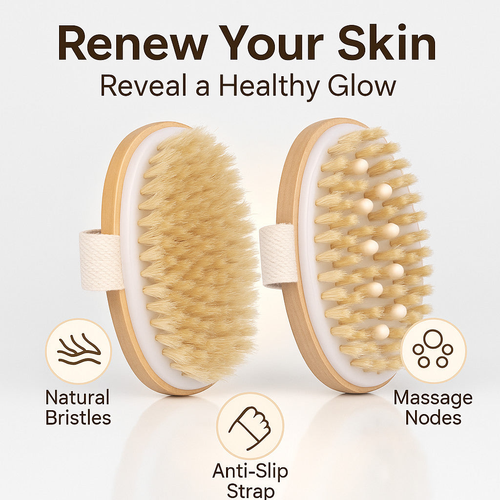 Natural Boar Bristle Dry Body Brush & Massage Tool Set for Skin Care