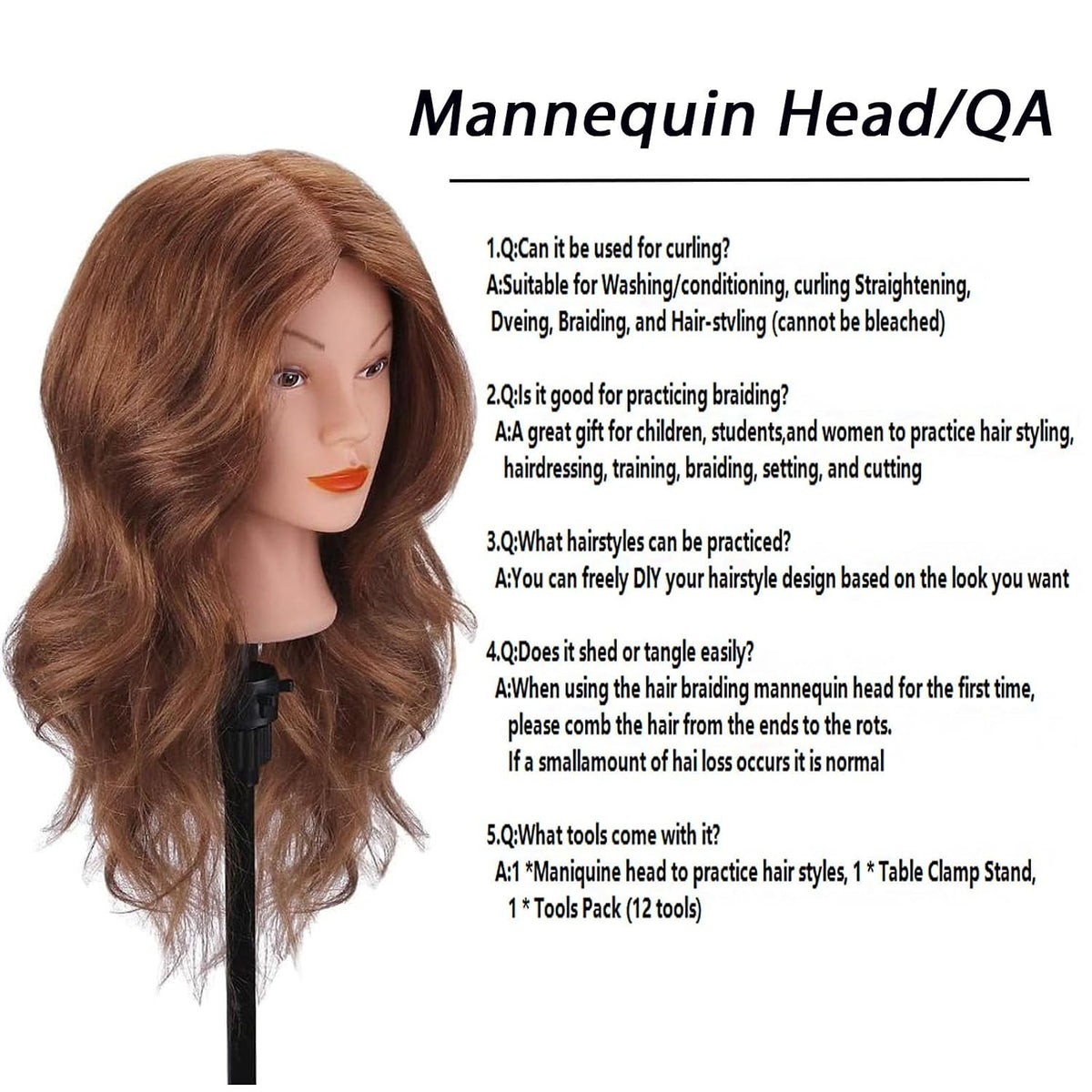 Mannequin Head with 100% Human Hair for Hair Styling Practice - Dark Brown