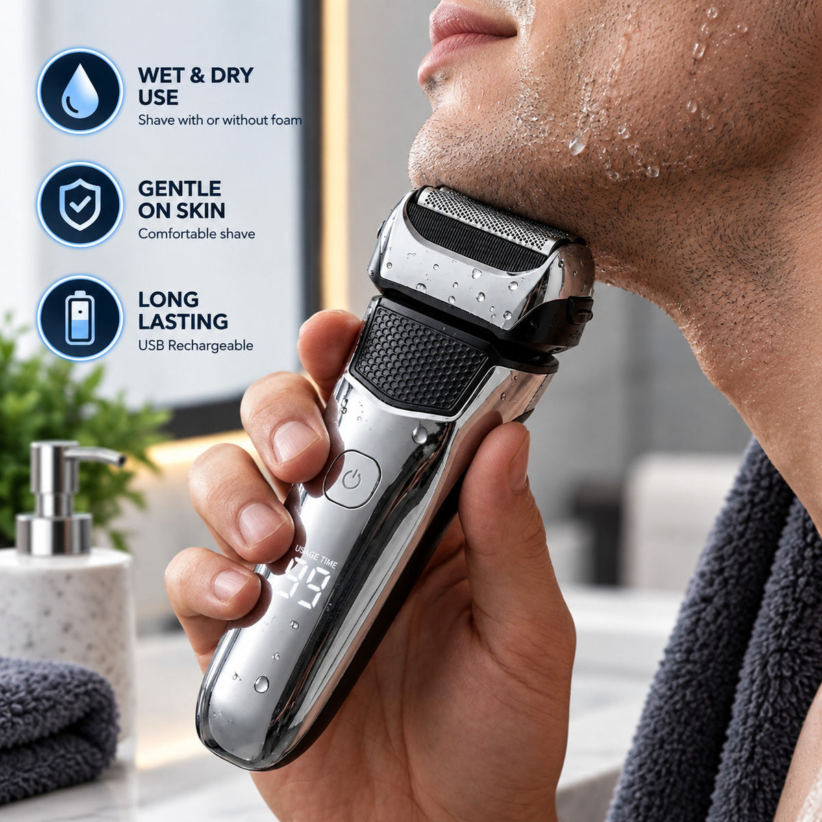 Cordless Waterproof Electric Razor for Men - Wet Dry Shaving, Floating Heads, Fast Charging