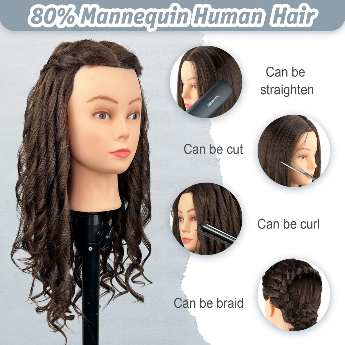 Mannequin Head with 80% Human Hair for Hair Styling Practice 26-28 Inch