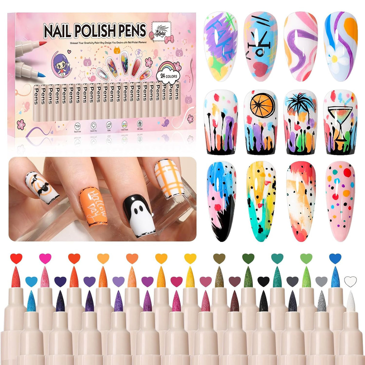 24 Color Fine Tip Nail Art Pens Set for Precise DIY Manicure