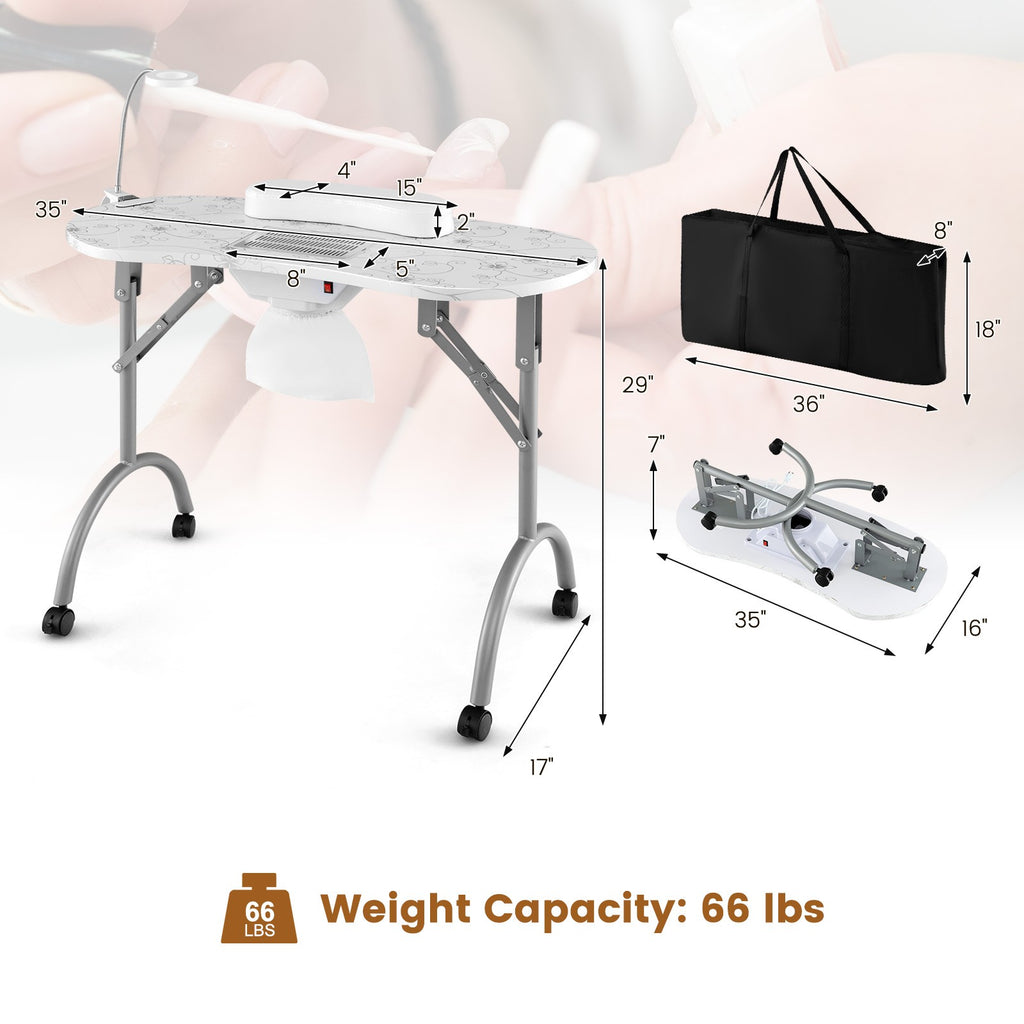 Folding Manicure Nail Table with Wheels, Electric Dust Collector & LED Lamp