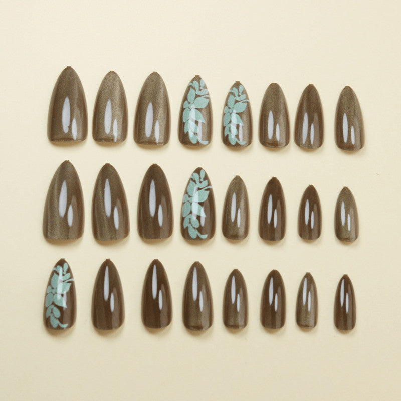 48Pcs Long Almond Green Cat Eye Floral Pearl Fake Press-On Nails Set