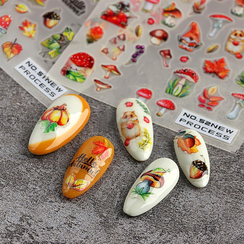Fall Nail Art Stickers Set - 6 Sheets Autumn Maple Leaves & Decals