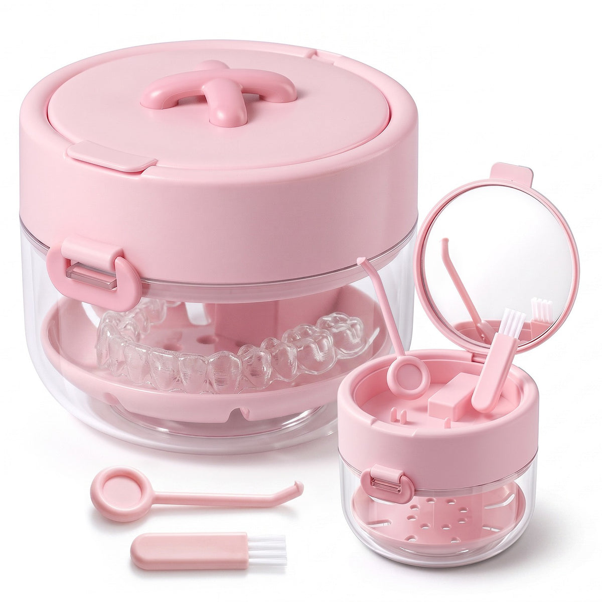3-in-1 Denture Cleaner Case with Mirror & Cleaning Tools - Portable Leak-Proof Storage