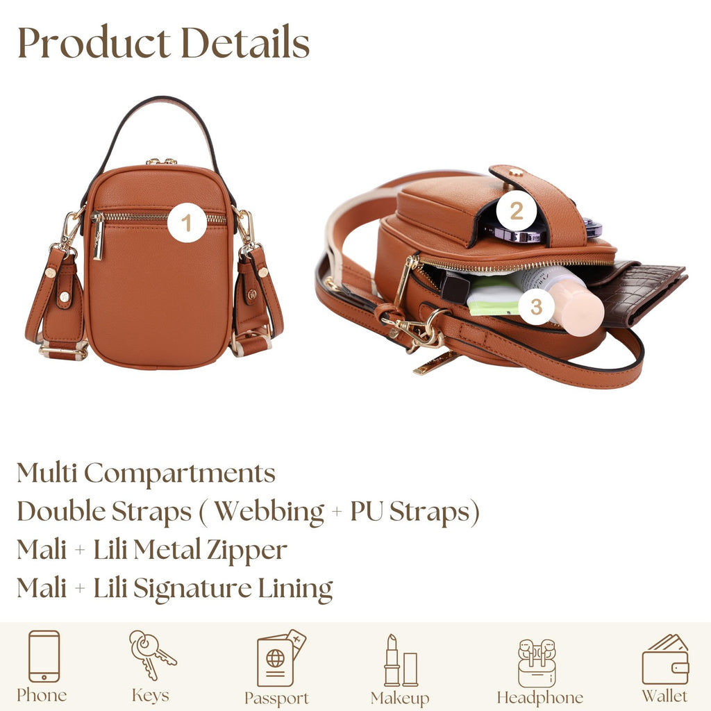 Vegan Leather Crossbody Bag for Women Multi-Compartment Tan