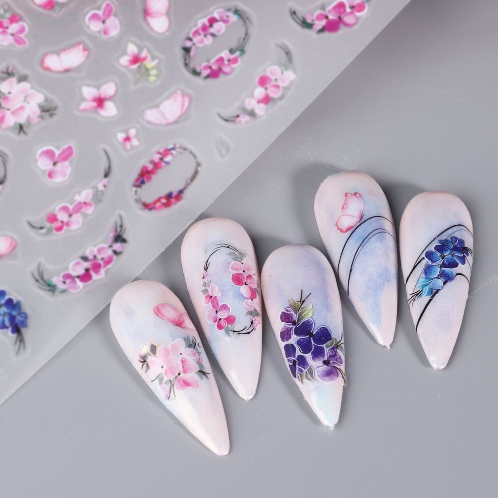 Pink Blue Floral Wreath Nail Stickers Petal Flower Cluster with Butterfly - Self-Adhesive Decals