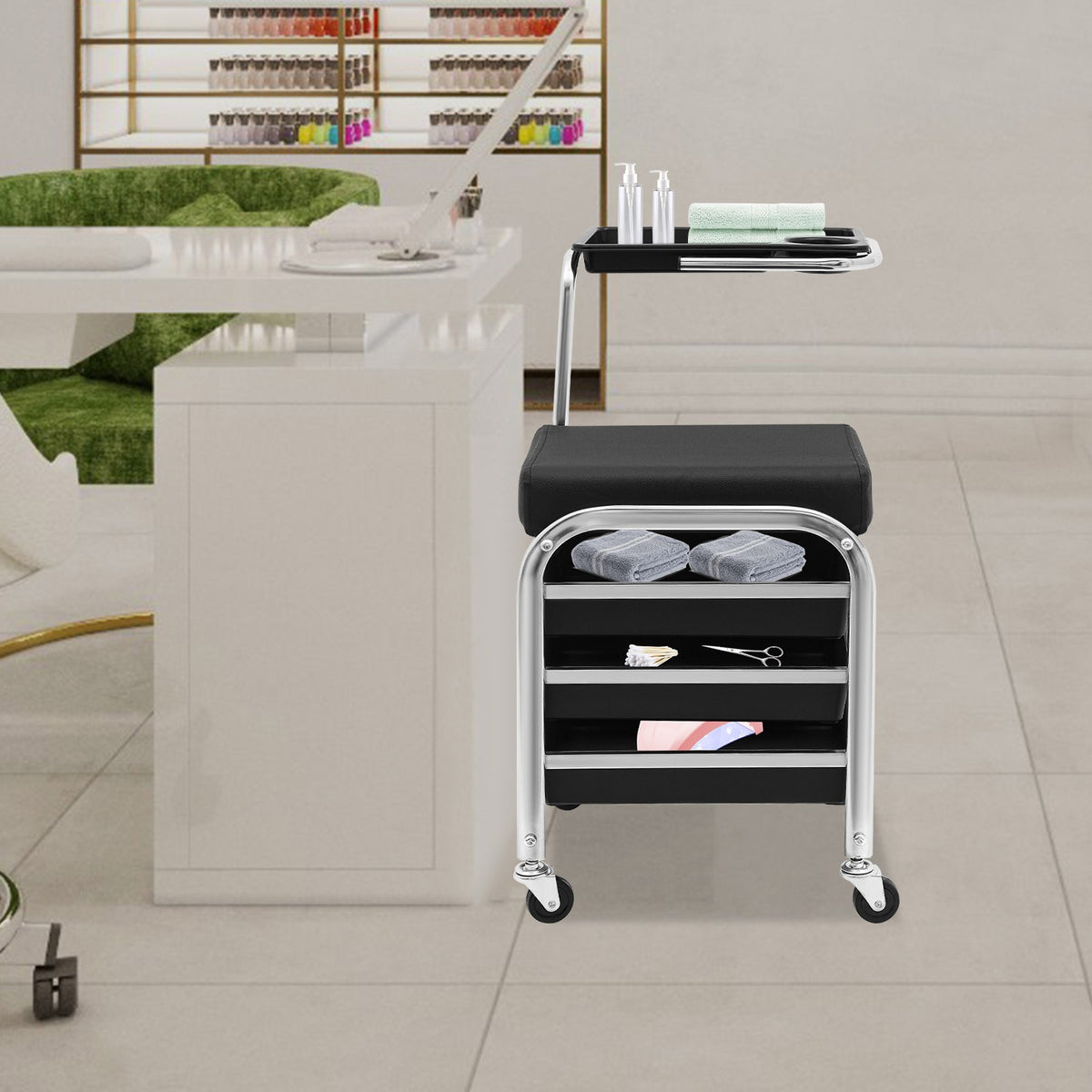 Manicure & Pedicure Tool Storage Cart with Adjustable Tray and Casters