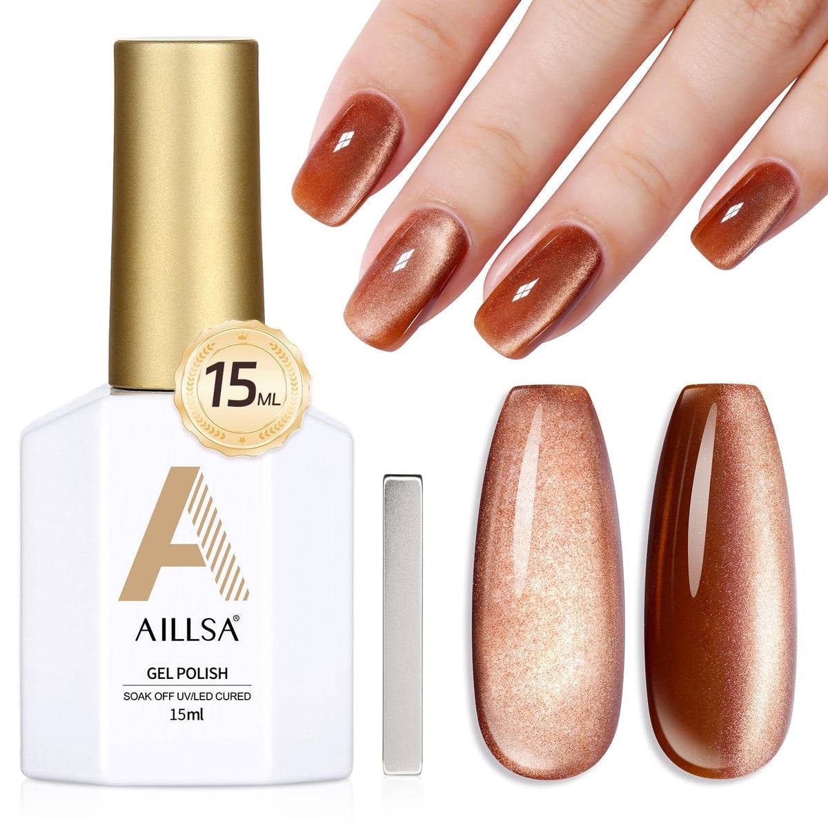 Cat Eye Gel Nail Polish Brown Gold 0.5 Fl Oz with Magnet - Amber Effect
