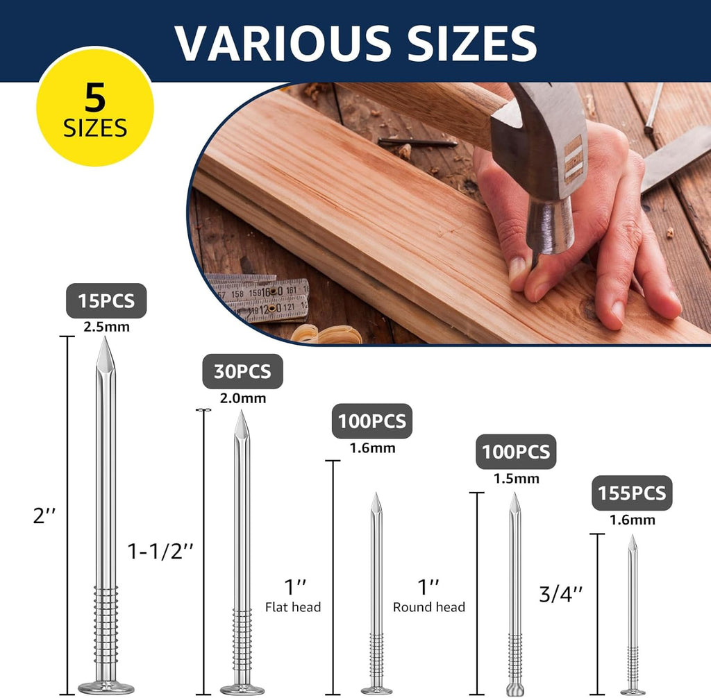 400Pcs Nail Assortment Kit with 5 Sizes Galvanized Wood & Finishing Nails for DIY & Repairs