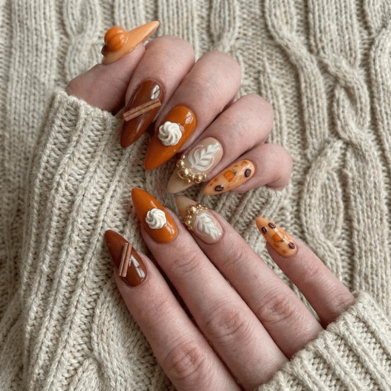 Fall Fake Nails Set with Gold Beads - Handmade Press-On Nails for Short and Long Styles