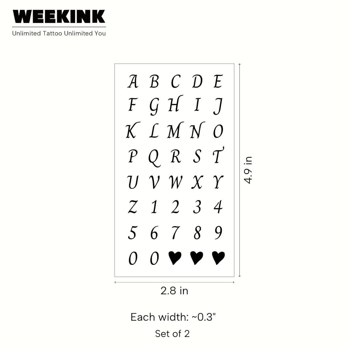 Custom Name & Date Script Tattoo Alphabet – Waterproof Temporary Tattoos (A-Z, 0-9)