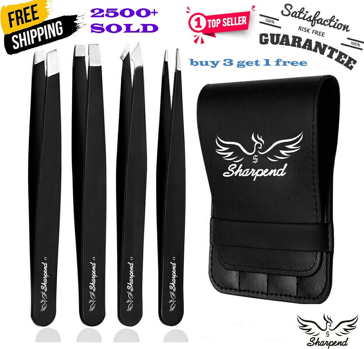 Professional Tweezers Set 4-Piece Stainless Steel Eyebrow Pluckers with Case