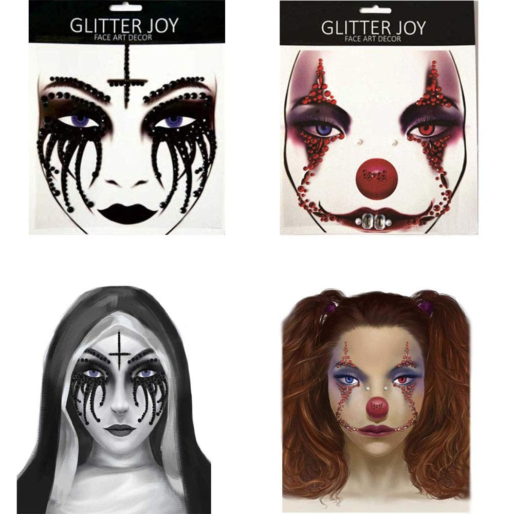 2 Pack Halloween Face Gems Jewels - Clown & Nun Self-Adhesive Rhinestone Tattoos