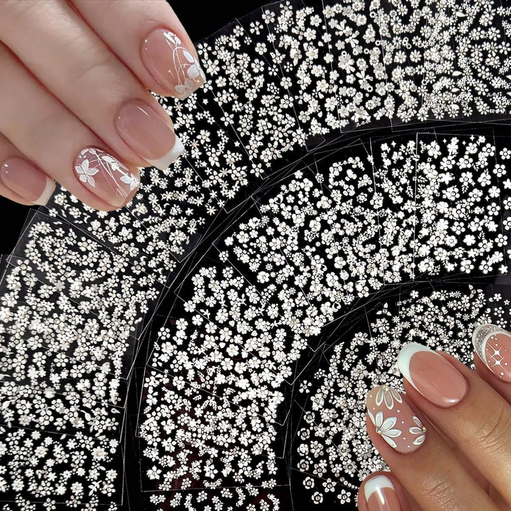 White Flower Nail Art Stickers with Rhinestones - 30 Sheets Self-Adhesive 3D Design