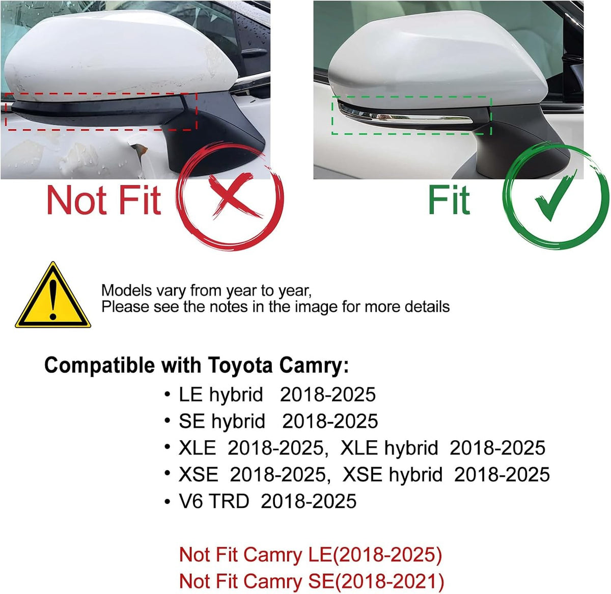 Car Side Mirror Cover Set for Toyota Camry 2018-2025 Glossy Black Protectors