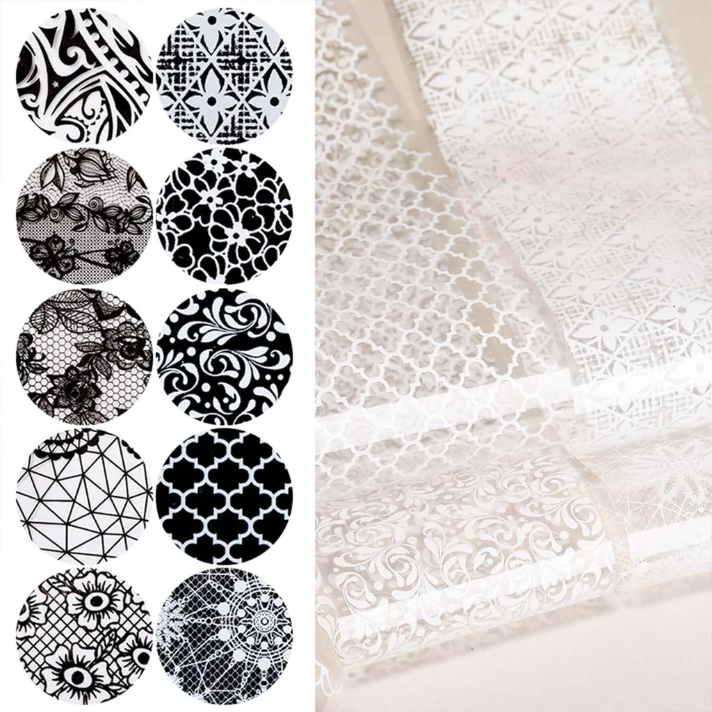 White and Black Lace Nail Foil Sheets for Nail Art - 20 Rolls