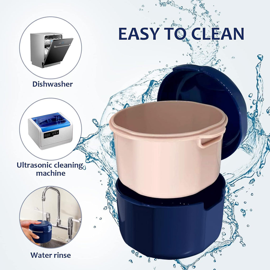 Denture Storage Case with Removable Rinse Basket Portable Denture Cup for Soaking & Cleaning