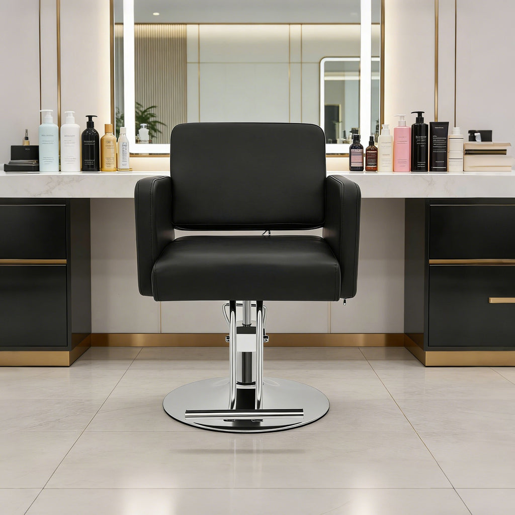 Adjustable Black PU Barber Chair with Footrest, 360° Swivel Salon Seating